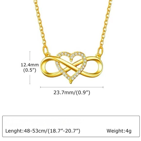 NEW Infinity Heart Pendant Necklace CZ Pave 14K Yellow Gold Plated Thin Chain - Picture 4 of 11